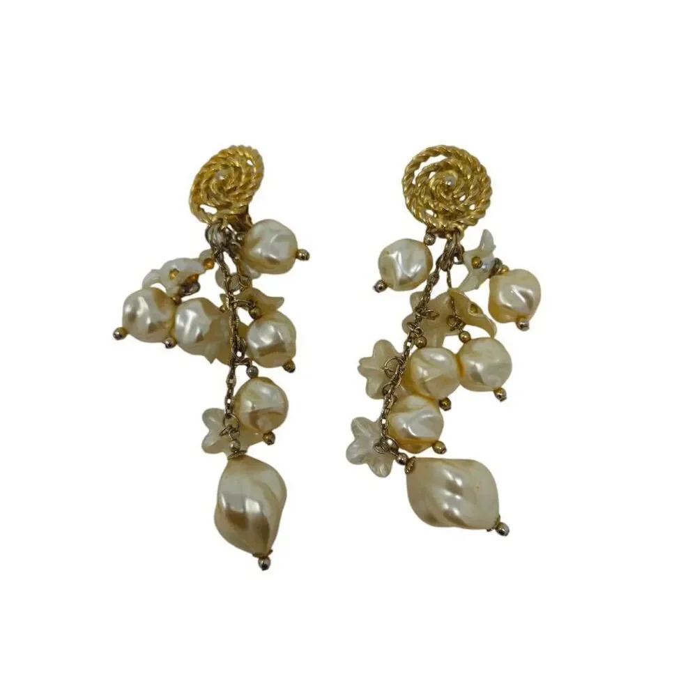Large Vintage Runway Statement Gold Swirl & Floral Pearl Beaded Dangle Earrings